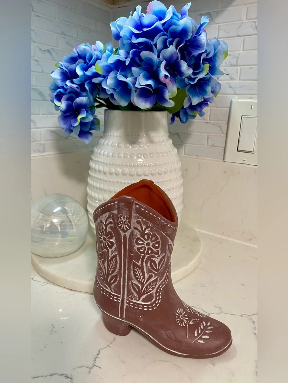 Decorative Brown Floral Cowboy Boot Vase - Home Accents